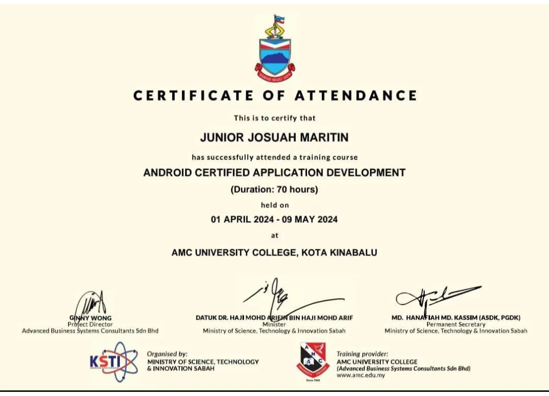 Certificate of attendance for Android Certified Application Development, completed from April to May 2024