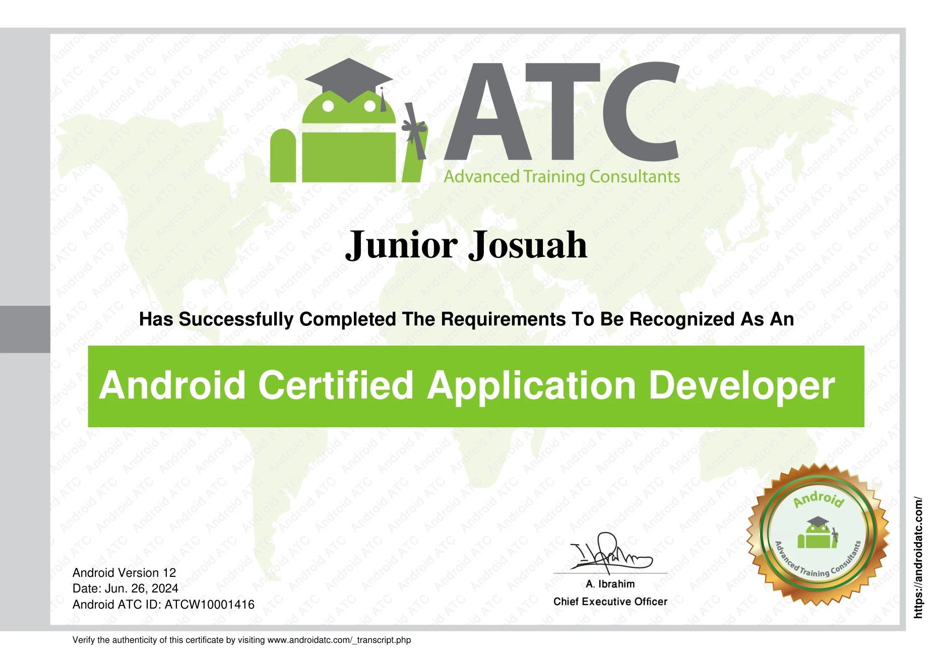 Android Certified Application Developer certificate awarded to Junior Josuah on June 26, 2024