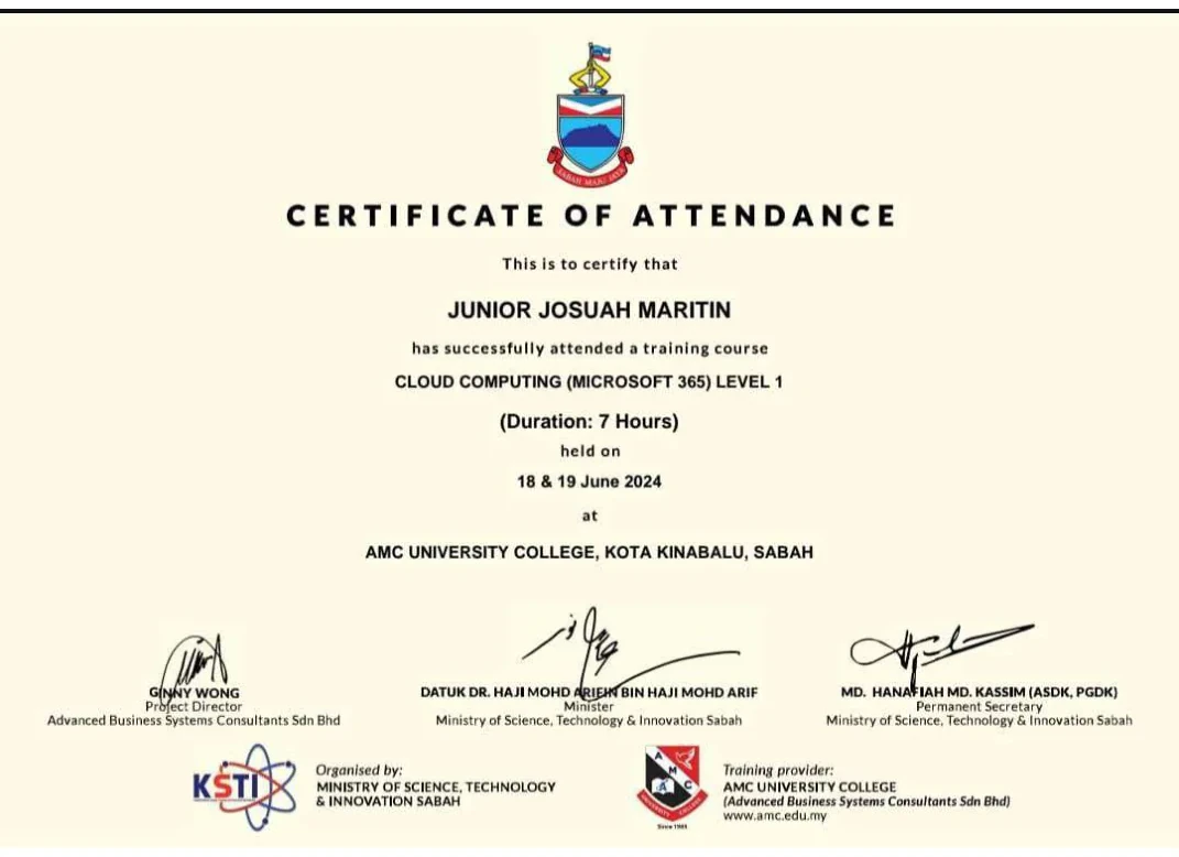 Certificate of attendance for Cloud Computing Microsoft 365 Level 1, June 2024
