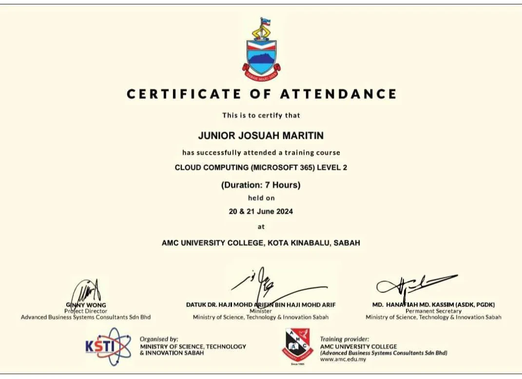 Certificate of attendance for Cloud Computing Microsoft 365 Level 2, June 2024