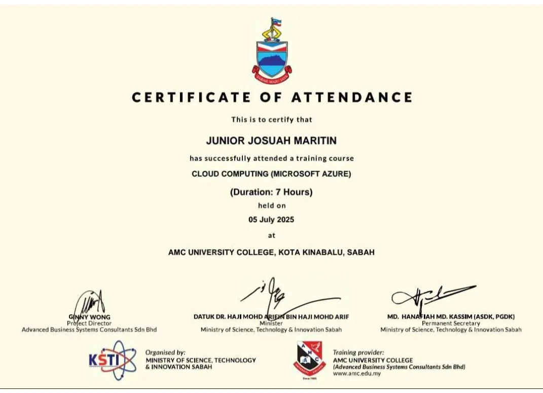 Certificate of attendance for Cloud Computing Microsoft Azure, July 2025