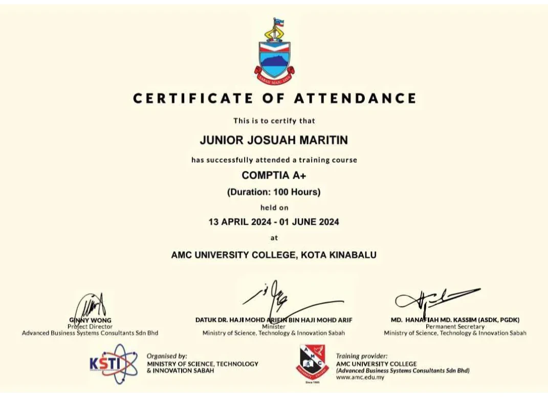 Certificate of attendance for CompTIA A Plus training, April to June 2024