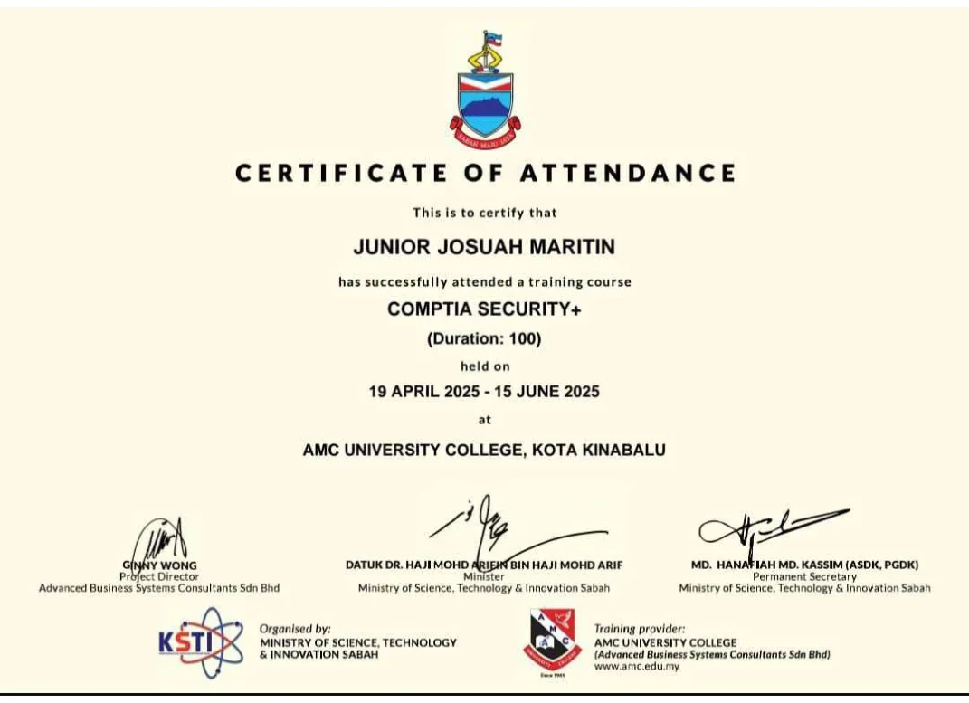 Certificate of attendance for CompTIA Security Plus training, April to June 2025