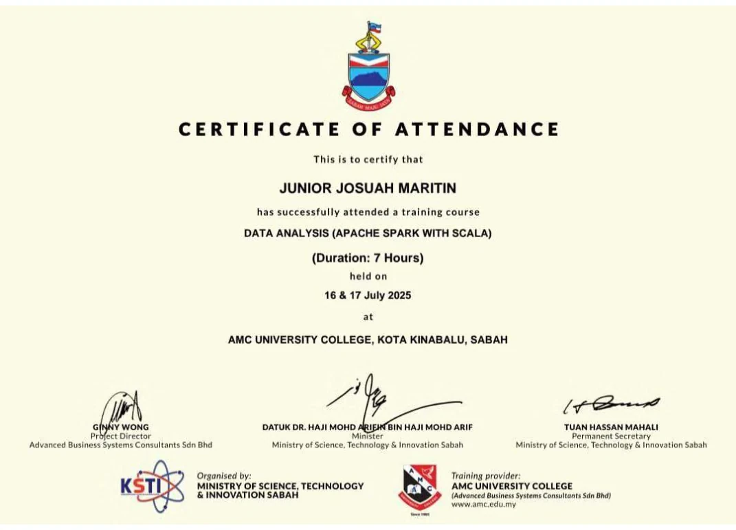 Certificate of attendance for Data Analysis using Apache Spark with Scala, July 2025