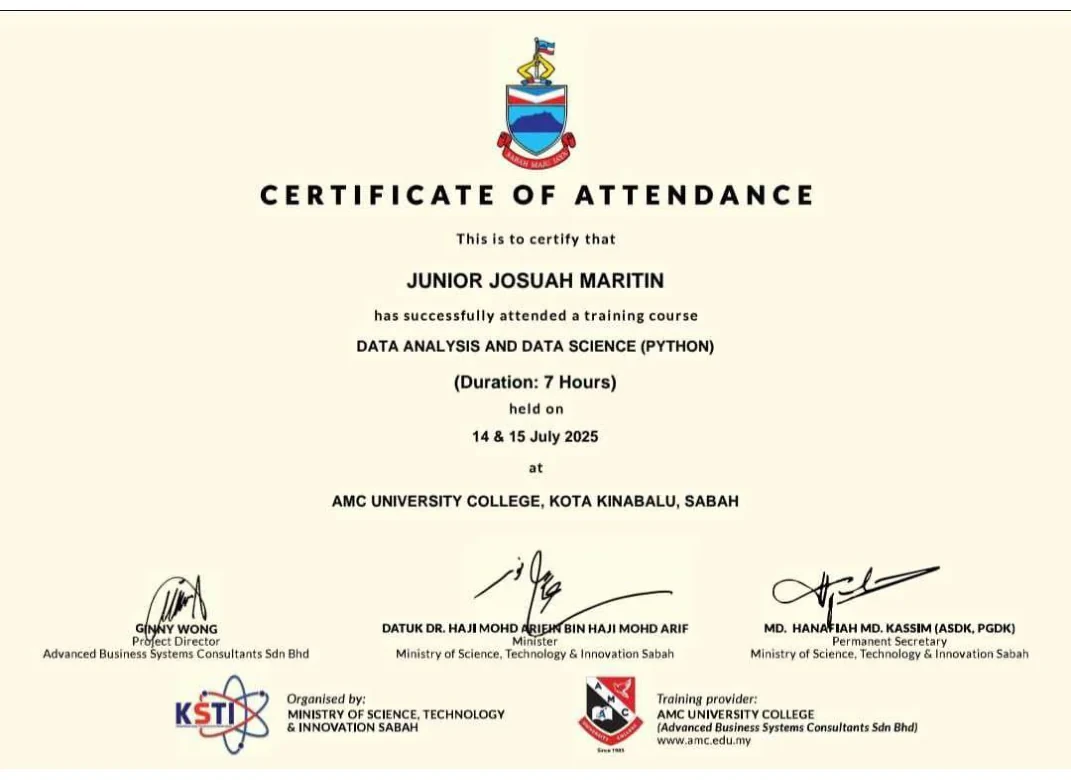 Certificate of attendance for Data Analysis and Data Science using Python, July 2025
