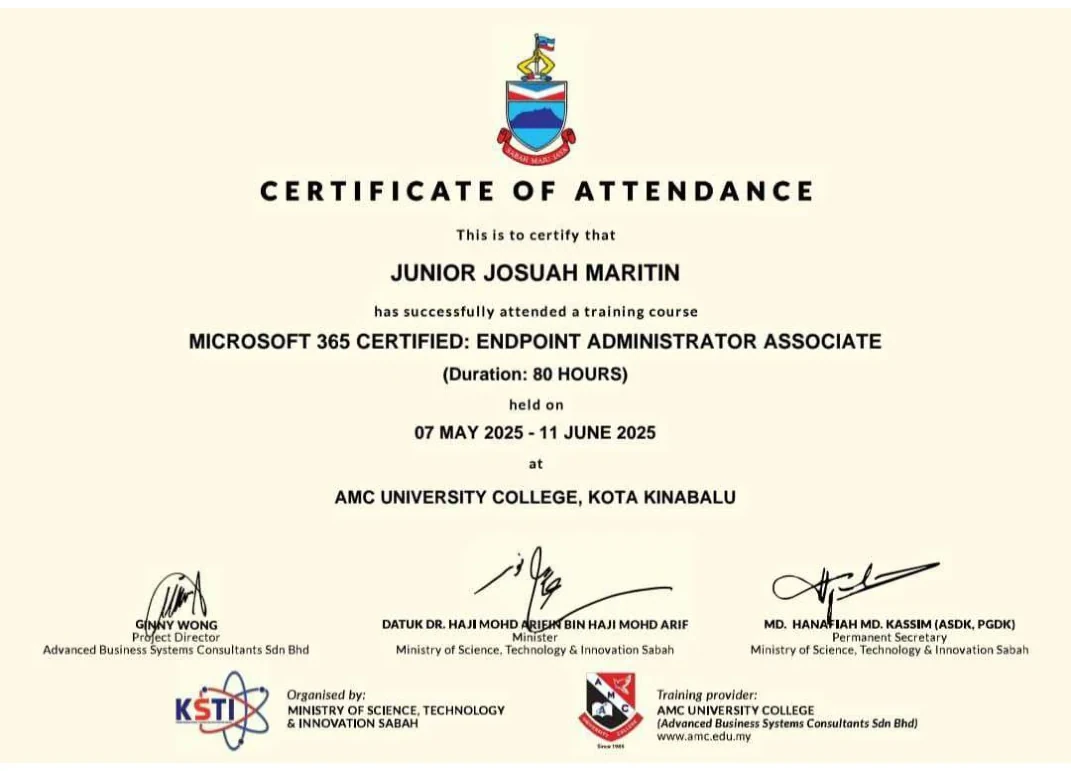 Certificate of attendance for Microsoft 365 Certified Endpoint Administrator Associate training, May to June 2025