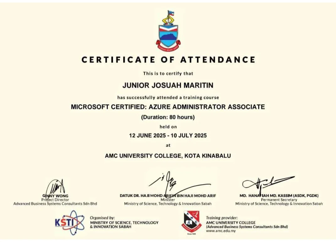 Certificate of attendance for Microsoft Certified Azure Administrator Associate training, completed June to July 2025