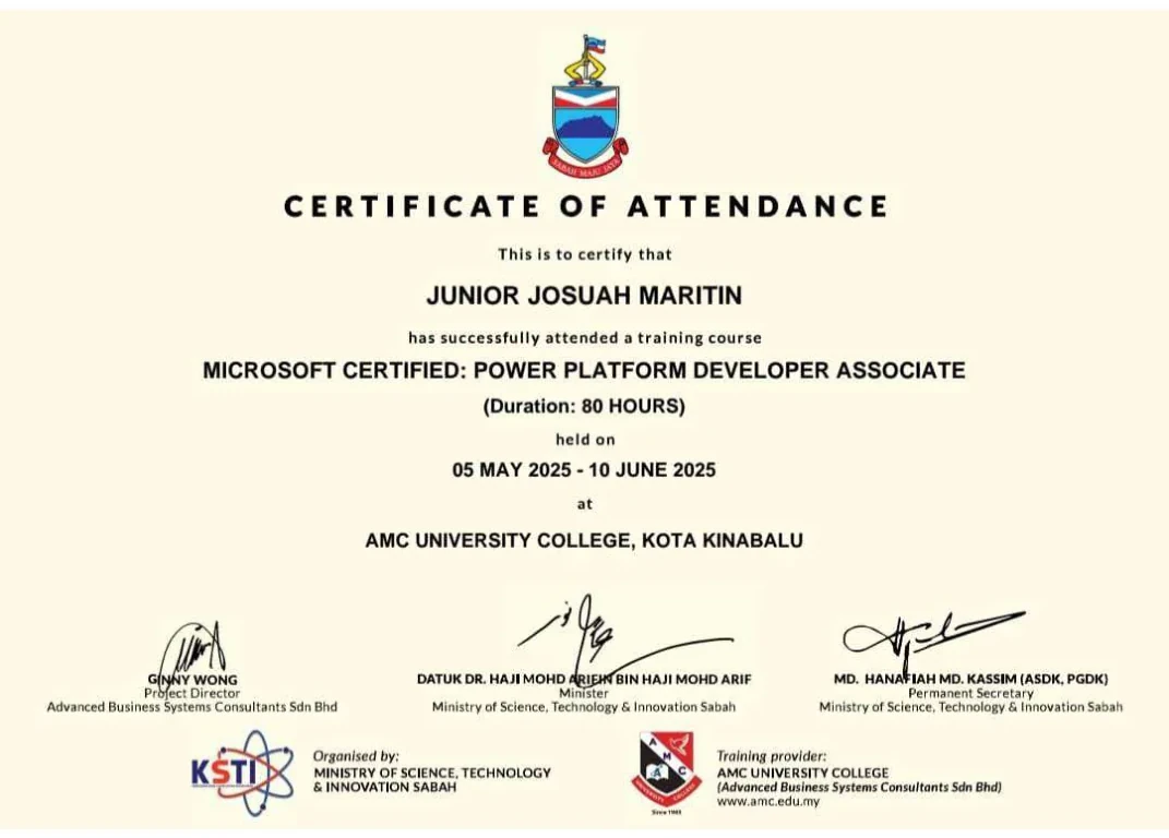 Certificate of attendance for Microsoft Certified Power Platform Developer Associate training, May to June 2025