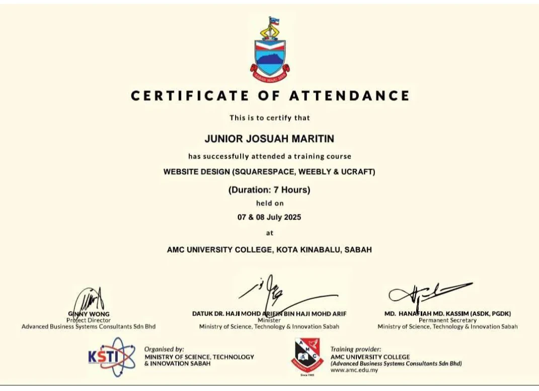 Certificate of attendance for Website Design using Squarespace, Weebly and Ucraft, July 2025